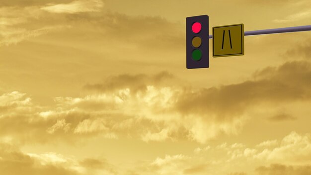 사진 저녁 3d 렌더링에서 황금 황혼 하늘과 함께 매달린 교통 표지판