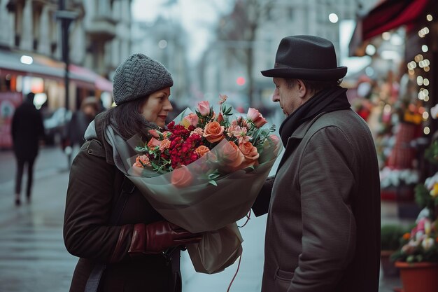 写真 赤いバラの大きな花束を持った幸せな年配の夫婦