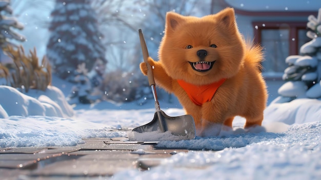 Фото Счастливая собака из мультфильма в оранжевом шарфе держит лопату для снега и стоит в снегу перед домом