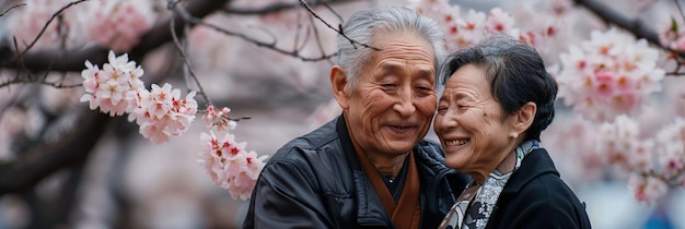 写真 桜の木の下で笑顔で抱きしめ合っている幸せな年配の日本人夫婦