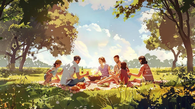 사진 행복 한 가족 은 공원 에서 피크닉 을 하고 있다. 그 들 은 담요 에 앉아 바구니 에서 음식 을 먹고 있다.