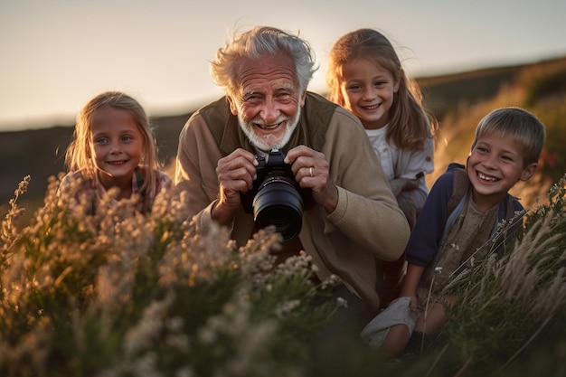 Фото Счастливый дедушка проводит время со своими внуками.