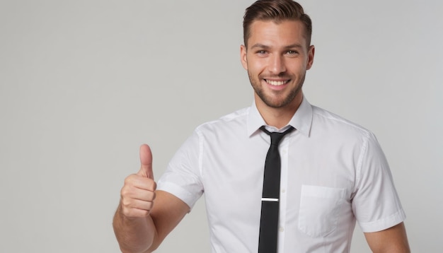 Фото Счастливый мужчина в рубашке и галстуке улыбается и поднимает большой палец в знак успеха или соглашения