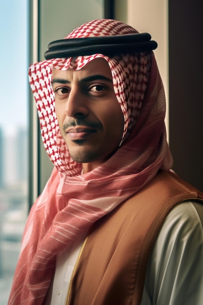 사진 은 스카프를 입은 행복한 사우디 남자가 창밖을 바라보며 현대적인 사무실에 서 있습니다.