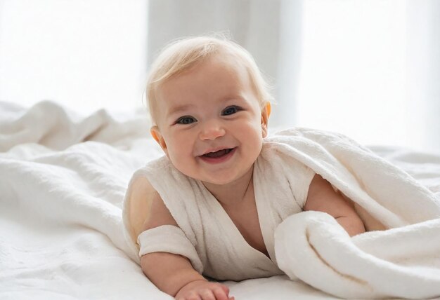 사진 담요 에 누워 있는 금발 머리카락 을 가진 행복 한 미소 짓는 아기
