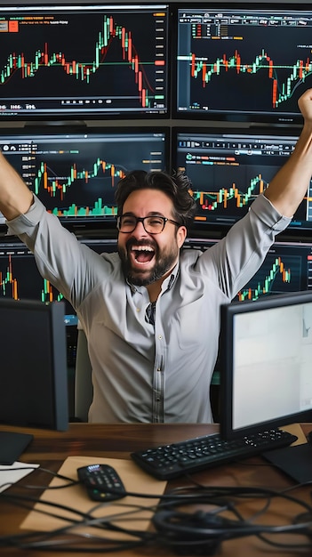 사진 시장 차트 를 표시 하는 여러 컴퓨터 모니터 앞 에서 축하 하는 행복 한 주식 상인