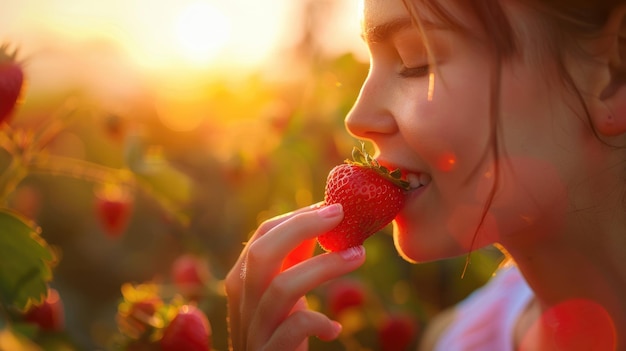 写真 幸せな女性が空の下の花に満ちた畑でイチゴを食べています