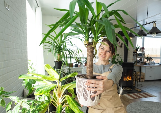 写真 温室で鉢植えの植物を手にした幸せな女性 笑顔で花の世話をする 居心地の良い環境に優しい家の内部 暖炉 ストーブ 観葉植物の栽培と繁殖の趣味