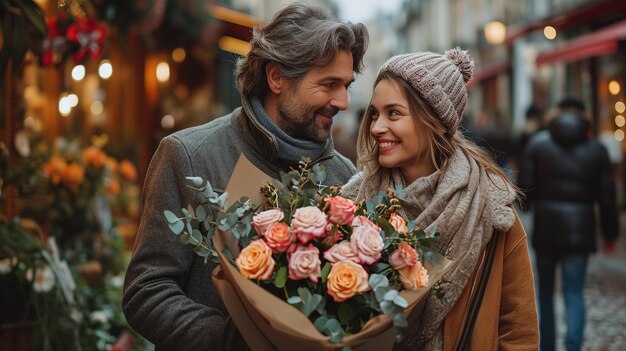 写真 大きな赤いバラの花束を持った幸せな若いカップル