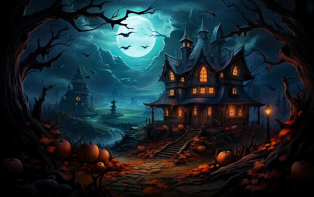 Фото Дом с привидениями, за которым светится полная луна.