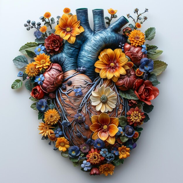写真 花と葉で作られた心臓が描かれています