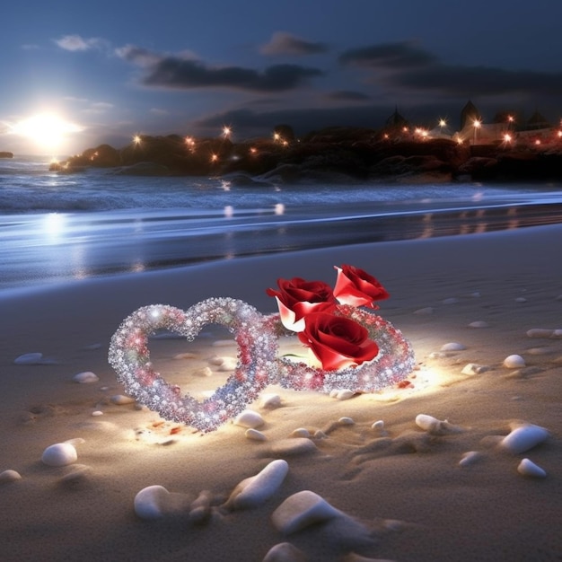 Фото Браслеты в форме сердца на пляже с красной розой.
