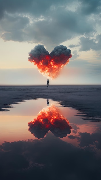 Фото Облако в форме сердца отражается в воде пляжа.