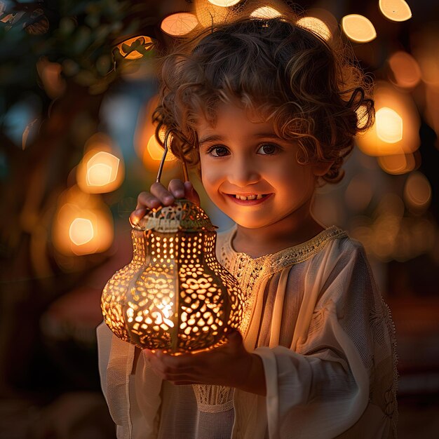 Фото Сердечный портрет саудовского ребенка, держащего светящийся фонарь рамадана с жизнерадостной улыбкой