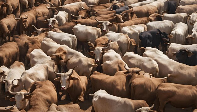 写真 牛の群れが畑に集まっており一匹が群れに集まっています