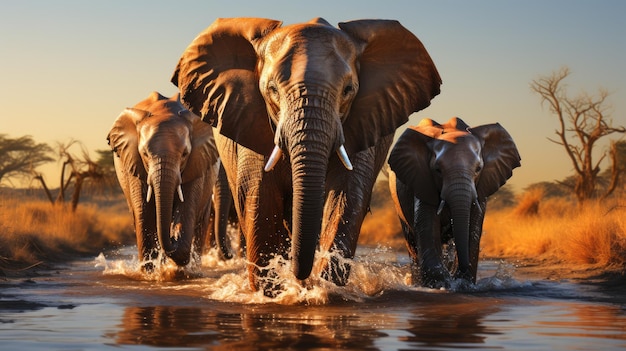 Фото Стадо слонов идет по луже воды