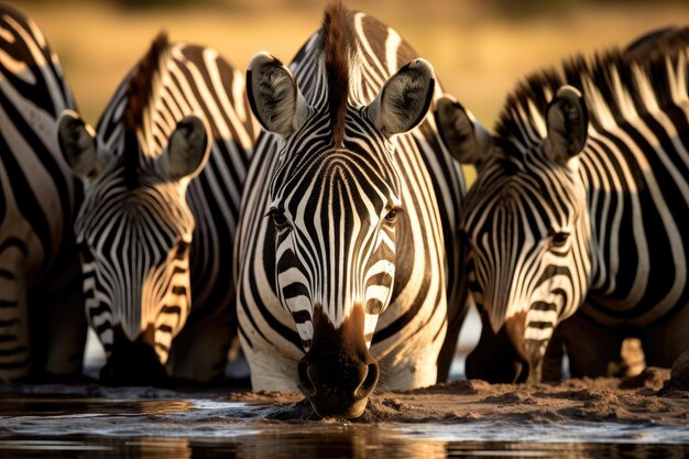 写真 自然の生息地で互いに近くに立っているゼブラの群れ アフリカのセレンゲティの水槽から水を飲んでいるゼブラの群れ ai生成