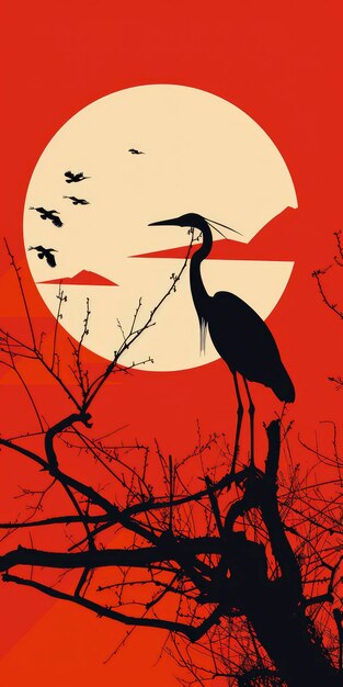 Фото a heron standing on a branch with a red sunset background