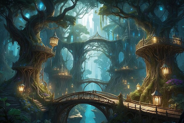 写真 隠されたエルフの都市木の頂上で複雑な橋でがり輝く水晶で飾られている