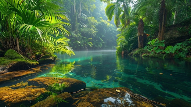写真 熱帯の木々に囲まれた隠れた淡水ラグーン