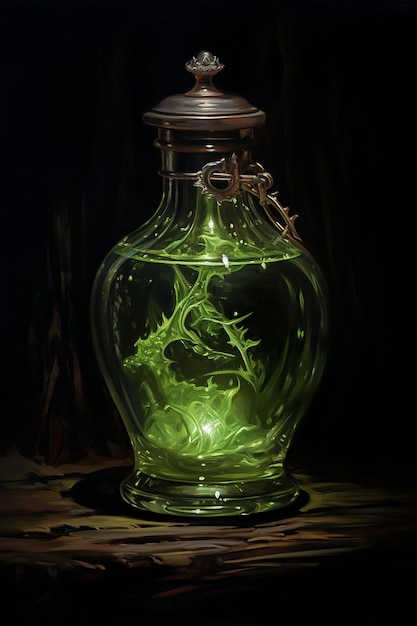 Фото Детальная масляная картина небольшой стеклянной бутылки эльфов, содержащей зелье для возрождения