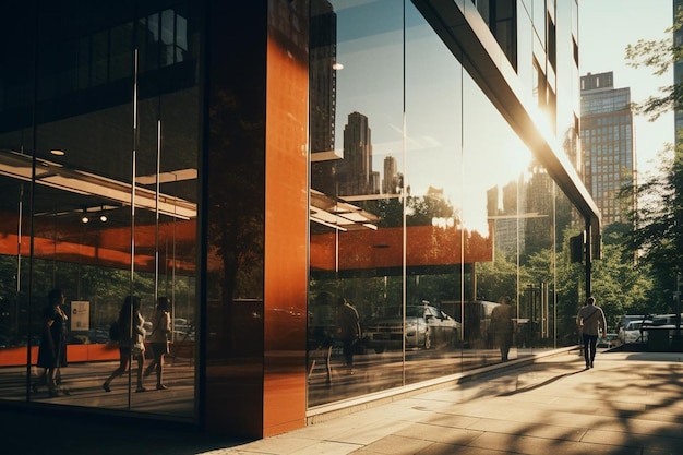 Фото a high rise building in a glass facade with the reflection of the surrounding buildings