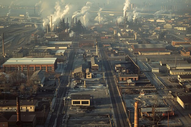 Фото Высокоугольный вид на промышленный район города. курильщики, склады и фабрики простираются к горизонту.