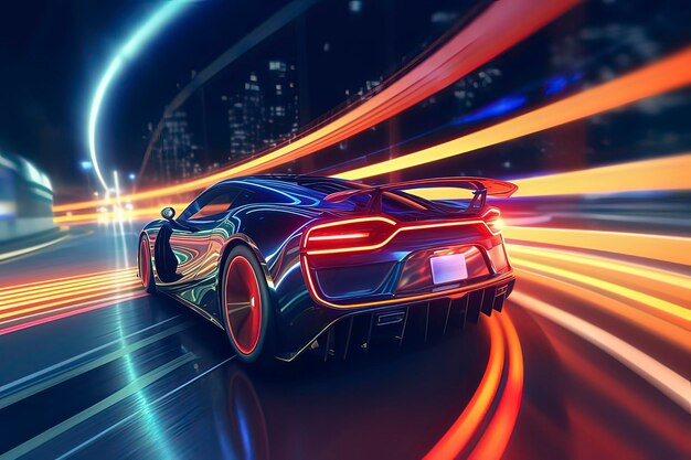 Фото Высокоскоростной спортивный автомобиль, едущий ночью, технология искусственного интеллекта создала изображение