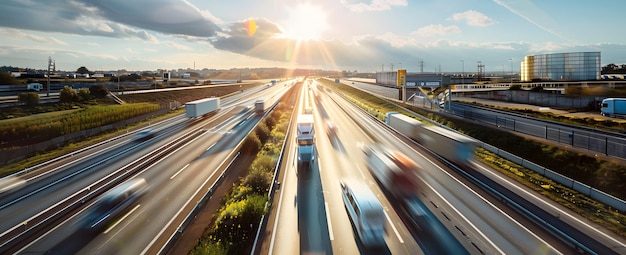 写真 夕暮れに通り過ぎる車両の高速道路