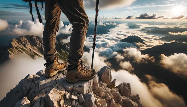 写真 下の広大な雲の海がある山の頂上にあるハイカー