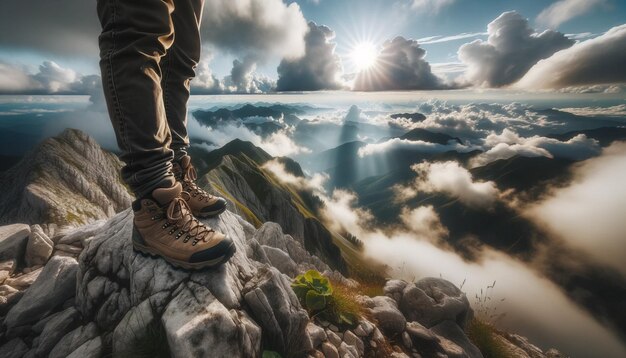 写真 下の広大な雲の海がある山の頂上にあるハイカー