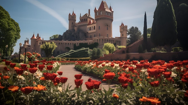 写真 正式な花園を持つ歴史的なヨーロッパの城