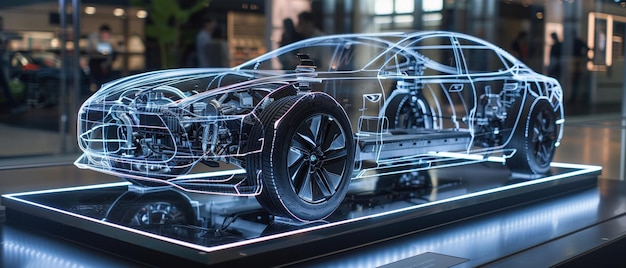 写真 ホログラフィック ディスプレイ は,電動 車 の 複雑 な 内部 機械 を 展示 し て い ます