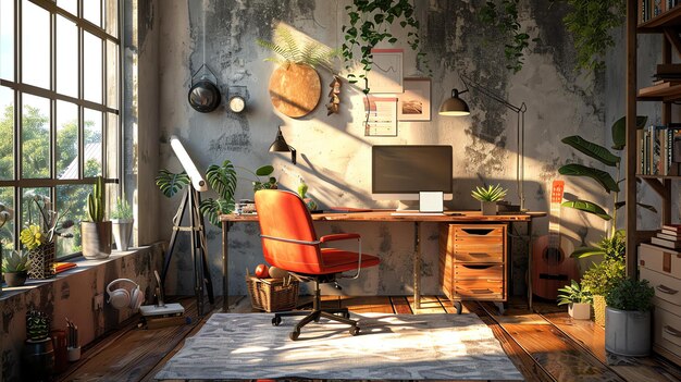 사진 큰 창문, 나무 책상, 편안한 빨간 의자, 식물, 기타, 미술품으로 장식된 집 사무실.