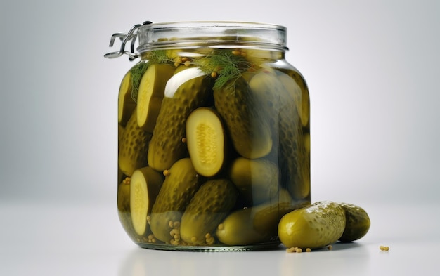 사진 흰색 배경 절인 오이 gherkins cornichon ai에 수제 피클 한 병이 생성되었습니다.