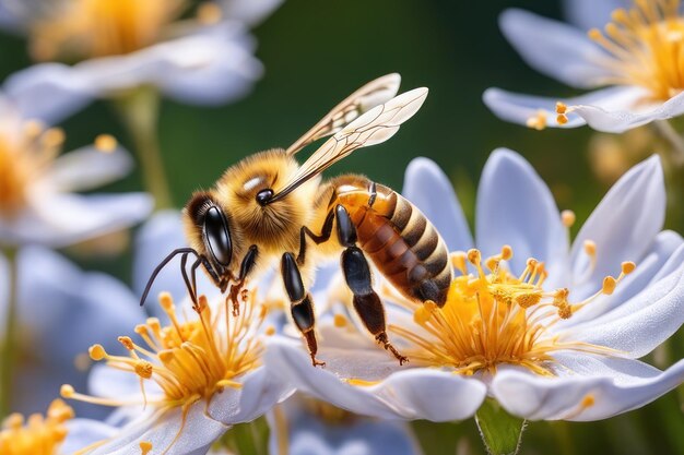 Фото Медовая пчела сидит на цветке в саду.
