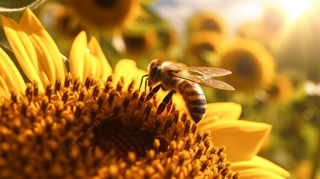 Фото Иллюстрация, созданная искусственным интеллектом, на которой пчела собирает пыльцу на луковице
