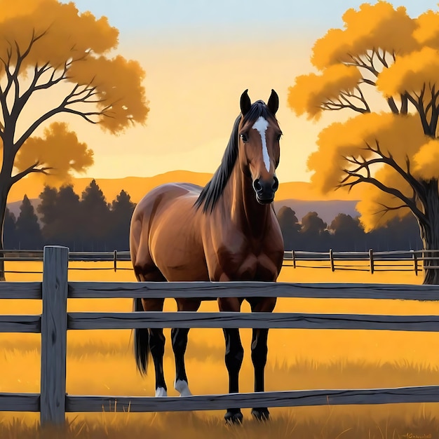 Фото Лошадь стоит в поле с забором на заднем плане