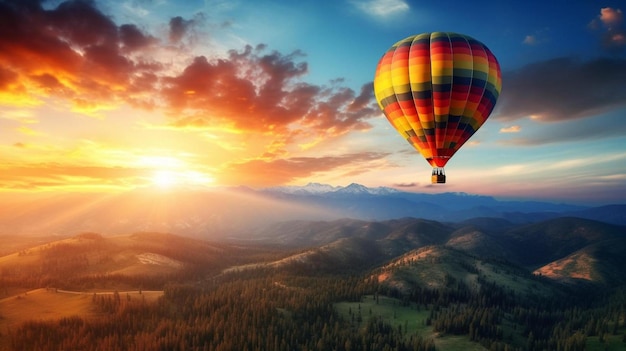 写真 山脈の上空を飛ぶ熱気球