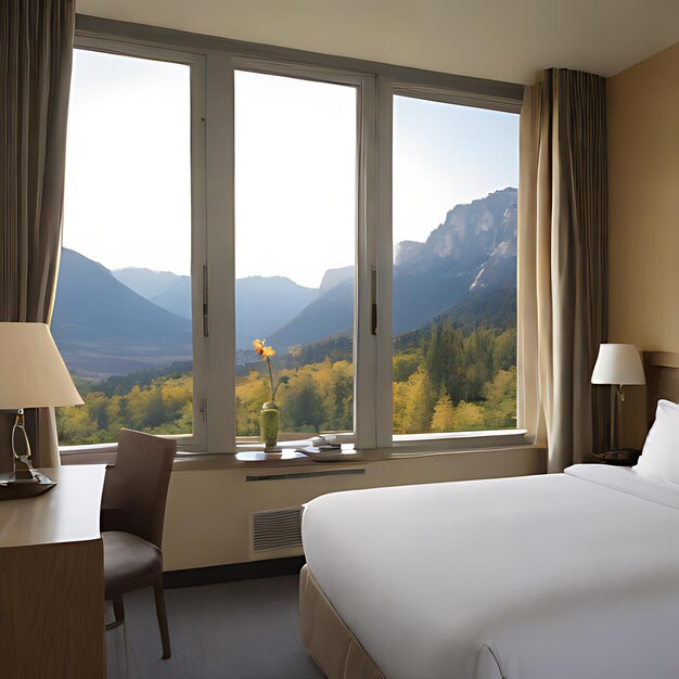 Фото Гостиничный номер с кроватью и окном с видом на горы