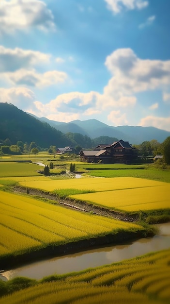 写真 黄色の野原にある家