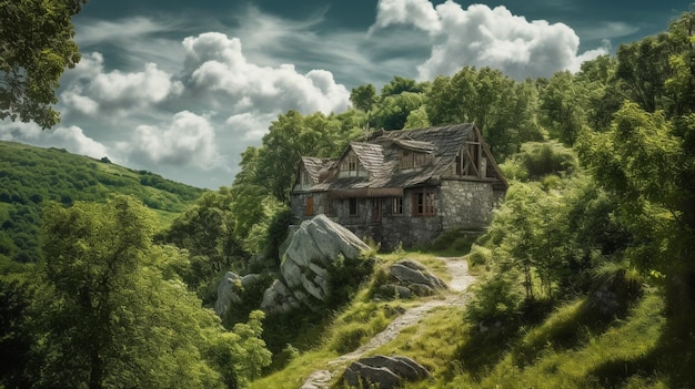 写真 曇り空を背景にした丘の上の家