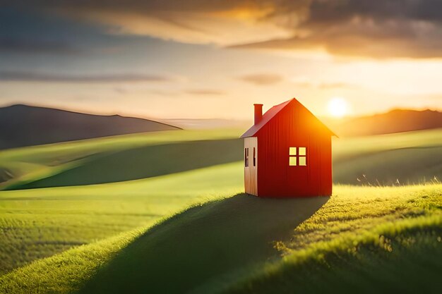 写真 太陽が沈む丘の上の家