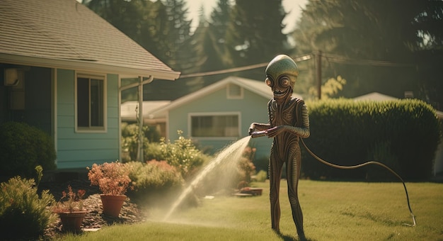 写真 ホースから水を噴射する男性がいる家。