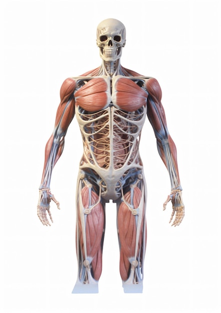 写真 筋肉に体とラベルが付いた骨格を持つ人間のフィギュア。
