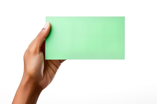 Фото Человеческая рука, держащая пустой лист зеленой бумаги или карту, изолированную на белом фоне