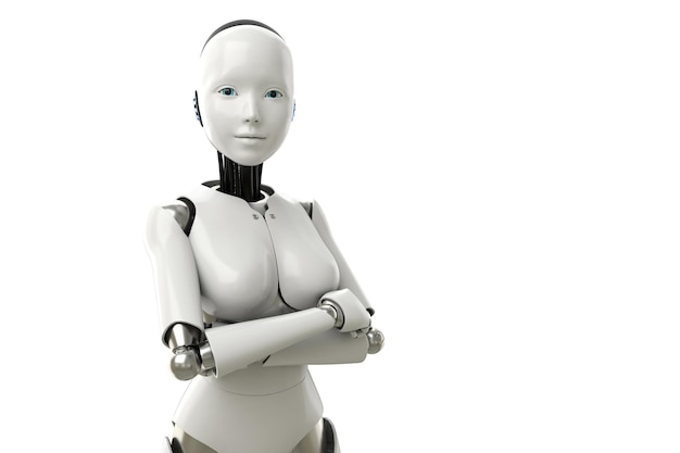 Фото Гуманоидная девушка-робот, стоящая со скрещенными руками концепция искусственного интеллекта 3d рендеринг