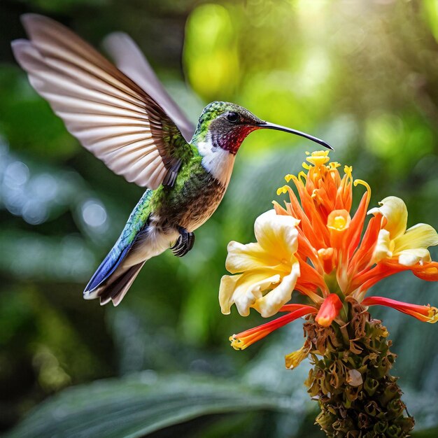 写真 ハミングバードが花の上を飛び太陽が葉を照らしている