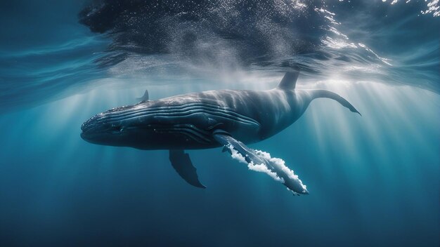 写真 海洋の野生生物やサンゴと一緒に水中を泳ぐハムバッククジラ