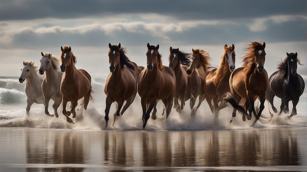 写真 ビーチを走る超現実的な馬のグループ